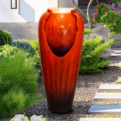 ourrco 30.7"H Concrete Vase Water Fountain, Modern Cascading Waterfall Feature with LED Lighting and Pump, Perfect for Indoor or Outdoor Home and Garden Decor, Red