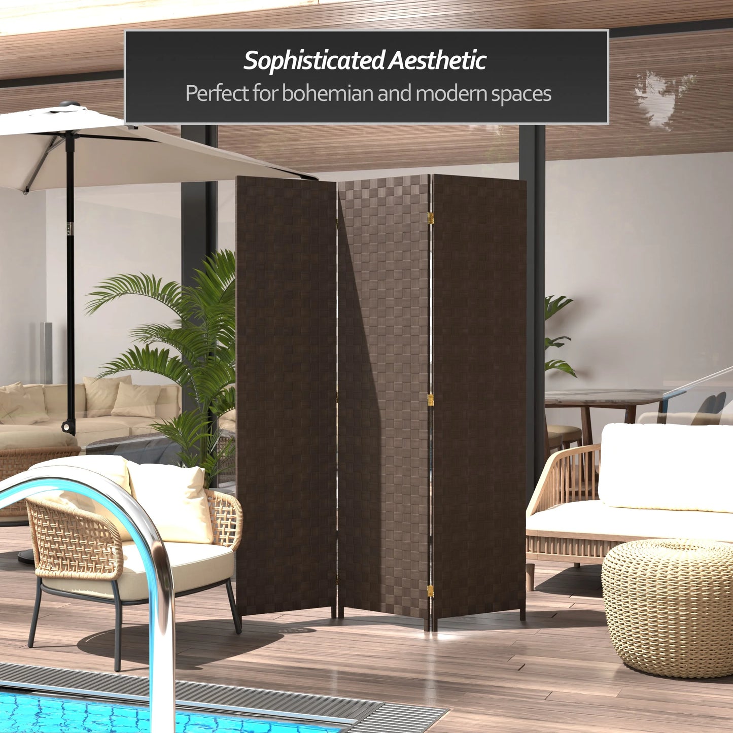 Red Lantern 6 ft. Tall Woven Fiber Outdoor All Weather Room Divider - 3 Panel - Dark Brown