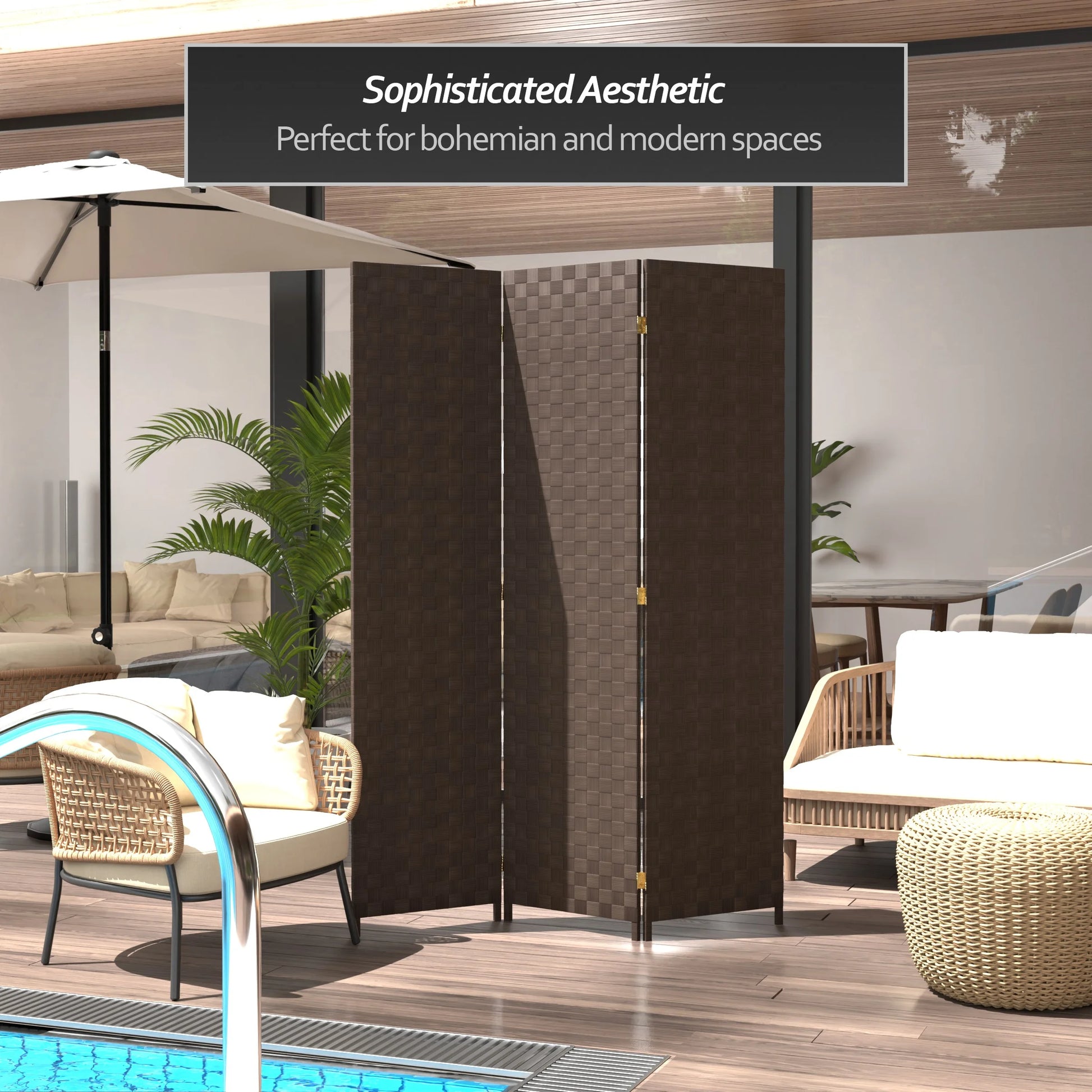 Red Lantern 6 ft. Tall Woven Fiber Outdoor All Weather Room Divider - 3 Panel - Dark Brown