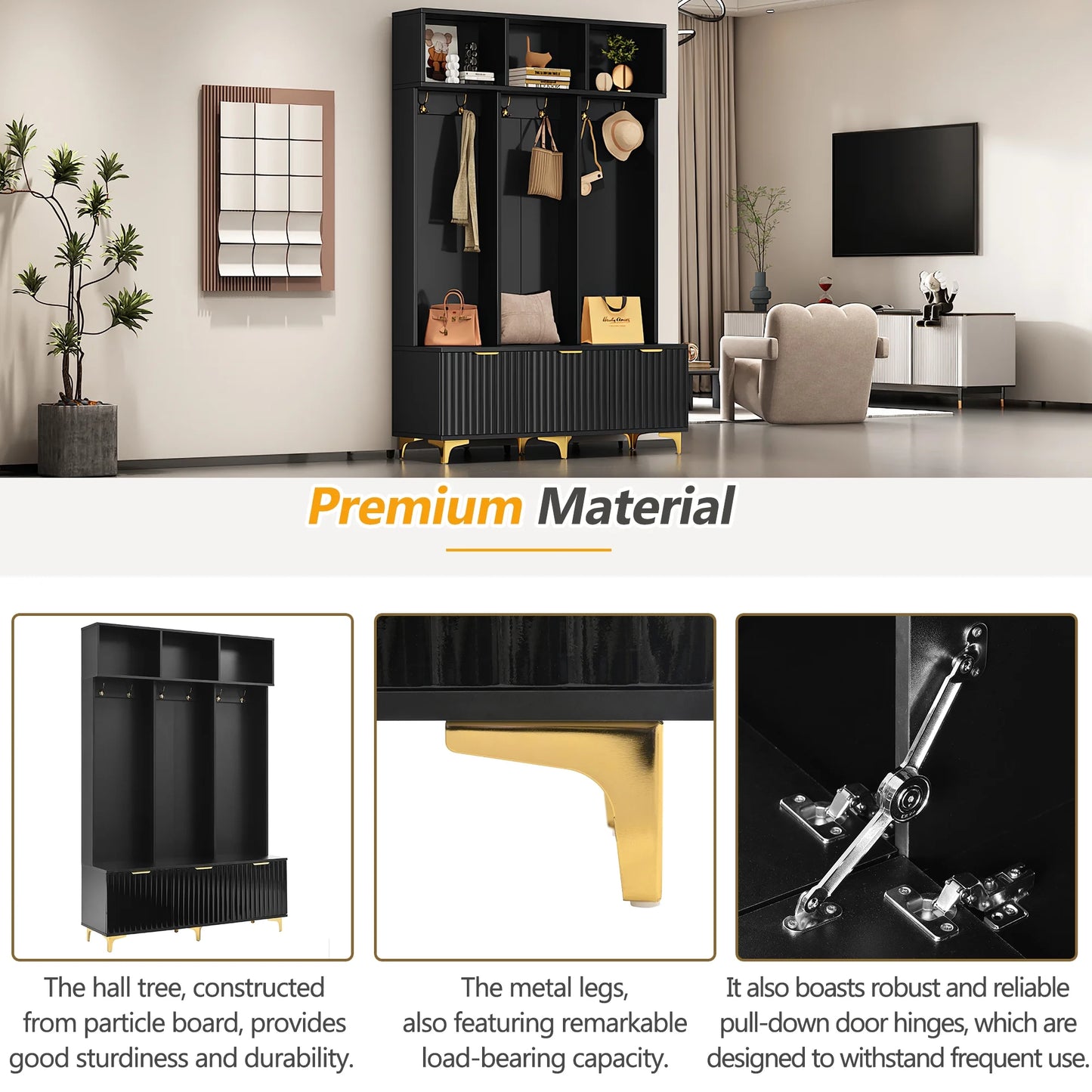 Euroco Modern Hall Tree with High Gloss Fluted Doors, Gold Accents, Shoe Storage & Bench - Entryway Organizer with Cubbies and Coat Hooks