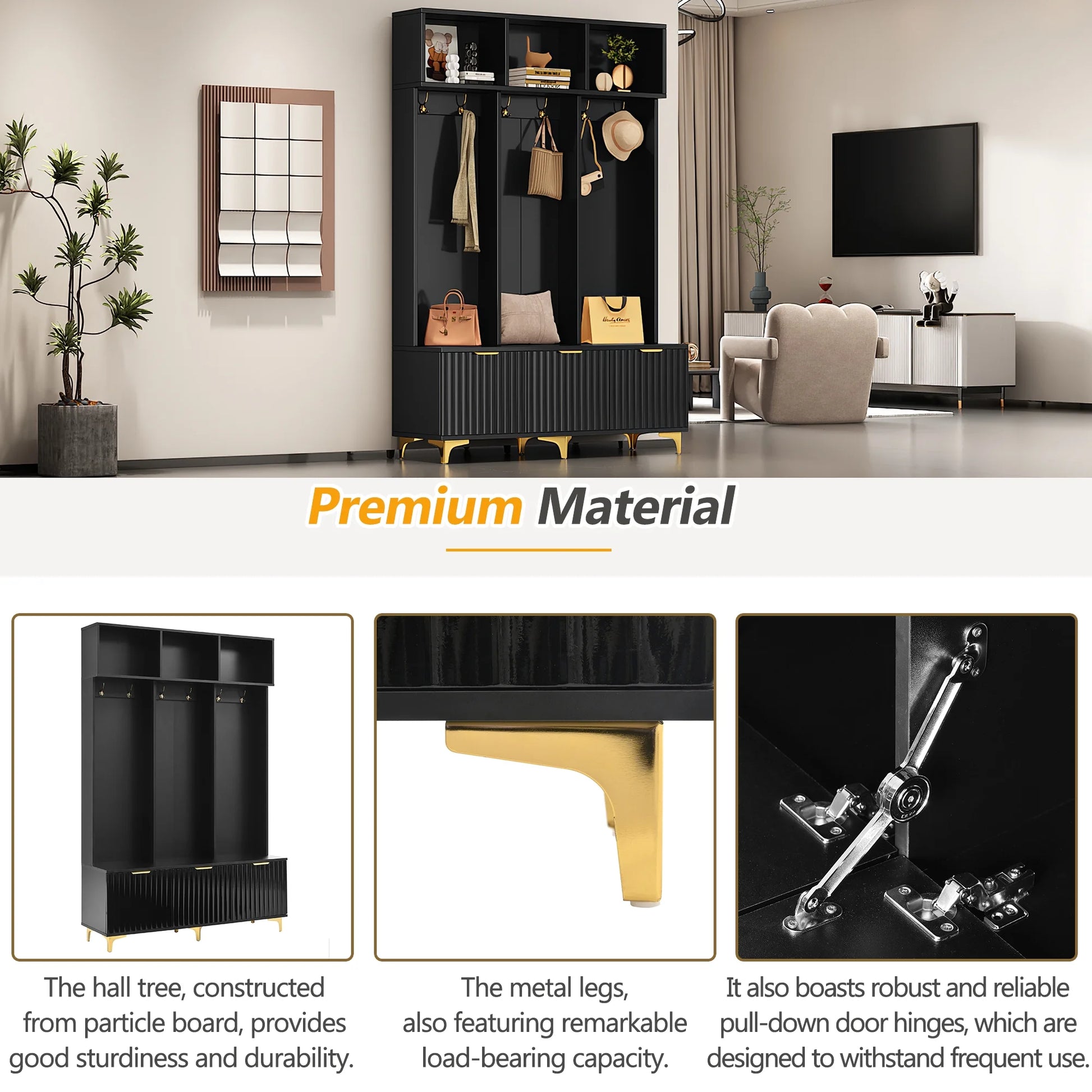 Euroco Modern Hall Tree with High Gloss Fluted Doors, Gold Accents, Shoe Storage & Bench - Entryway Organizer with Cubbies and Coat Hooks
