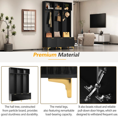 Euroco Modern Hall Tree with High Gloss Fluted Doors, Gold Accents, Shoe Storage & Bench - Entryway Organizer with Cubbies and Coat Hooks