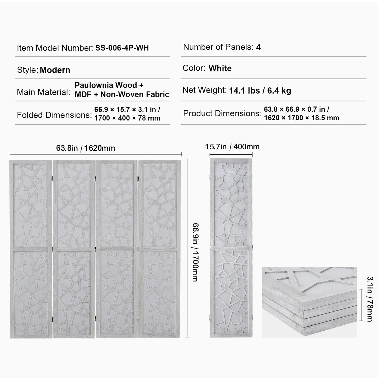 KFFKFF 4-Panel Room Divider, 66.9" Foldable Wood Panel Screen, Decorative Screen for Space Division in Homes, Offices, Restaurants & Bedrooms
