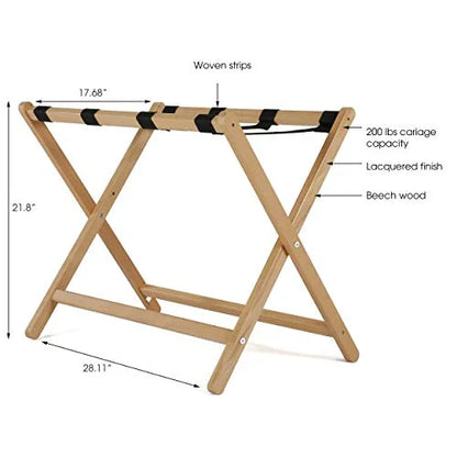 M& T Displays Beech Wood Folding Luggage Rack Travel Suitcase Stand with Woolen Strips for Home Hotel Gym Spa Guest Room 200 lbs Carriage Capacity Natural Wood 18x30 Inches