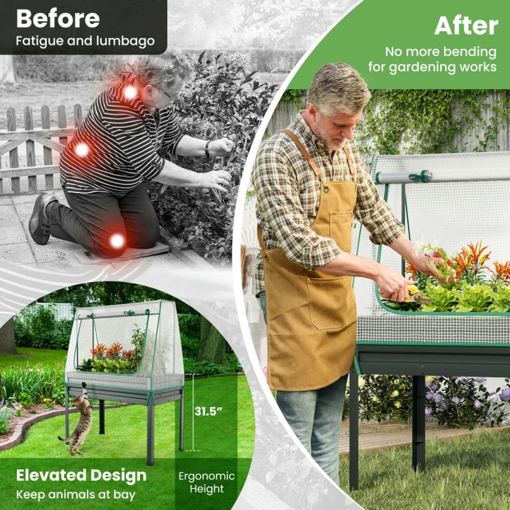 Resenkos Raised Garden Bed, Raised Planter Boxes, Elevated Flower Beds,3-in-1 Raised Garden Bed with Greenhouse Cover and Trellis-Grey