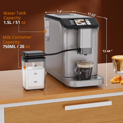 TROPOW Fully Automatic Espresso Machine, Automatic Milk Frother, Coffee Machine with Intuitive Touch Display for Latte, Cappuccino, Iced Coffee, Built-in Grinder, 1.5L Water Tank, for Home Office