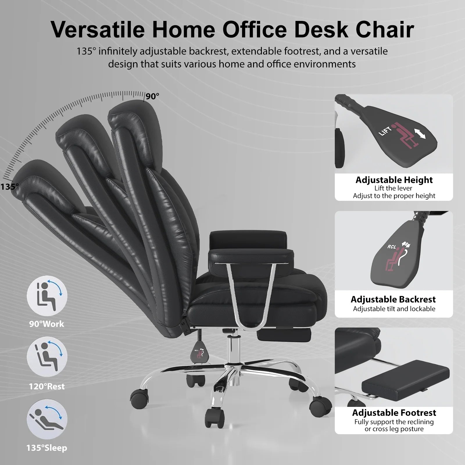 E-Motie Leather Home Office Chair, High Back Ergonomic Chair with Footrest, 500lb, Black