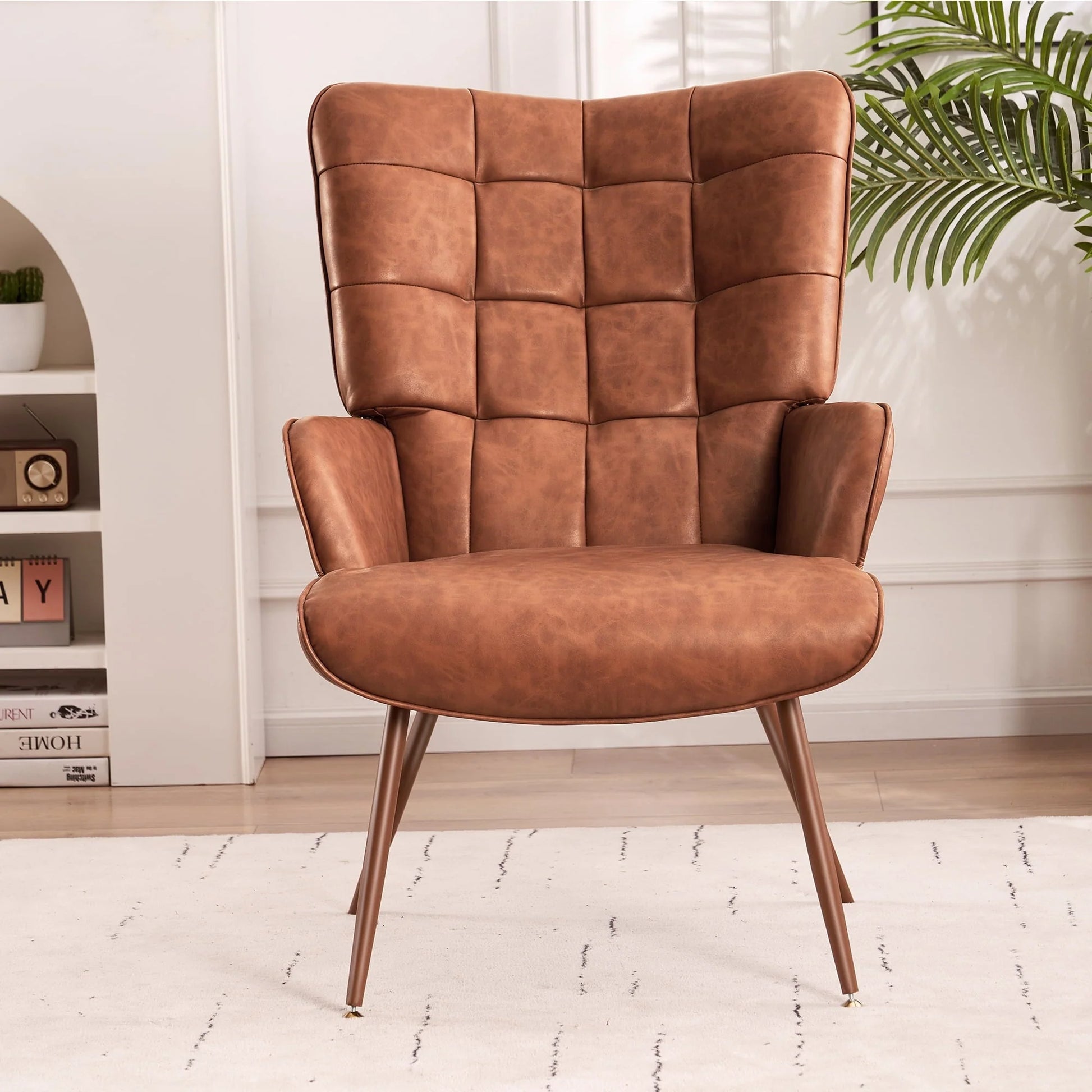 Unikome Livingroom Chairs Mid-Century Modern Accent Chair, Faux Leather Wingback Accent Chair PU Leather Accent Chair for Home Office/Living Room/Bedroom, Brown