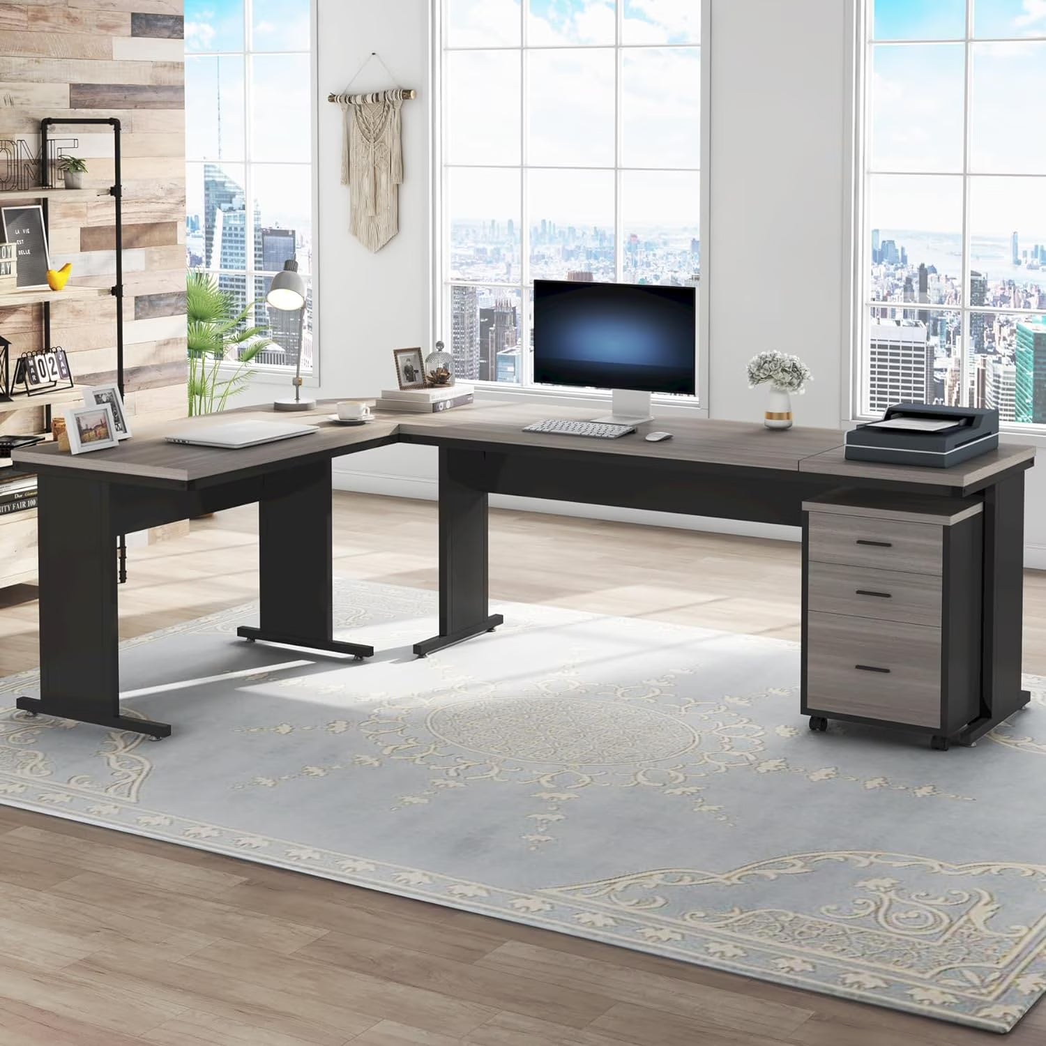 Tribesigns 83" L-Shaped Executive Desk, Large Office Desk with 3-Drawer Mobile File Cabinet, Industrial Corner Computer Desk with Storage Drawers for Home Office, Rustic Brown