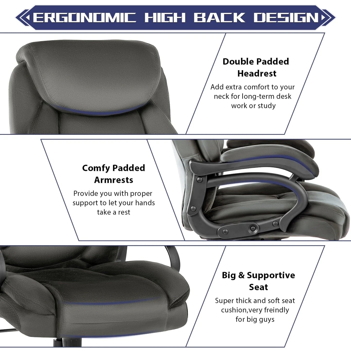 JONPONY Home Office Chair, Big and Tall Chair 8 Hours Heavy Duty Design, Ergonomic High Back Cushion Lumbar Back Support, Computer Desk Chair, Adjustable Executive Leather Chair with Arms,Grey