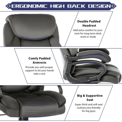 JONPONY Home Office Chair, Big and Tall Chair 8 Hours Heavy Duty Design, Ergonomic High Back Cushion Lumbar Back Support, Computer Desk Chair, Adjustable Executive Leather Chair with Arms,Grey
