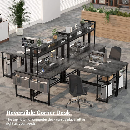 Homieasy L Shaped Desk with Power Outlet & USB Ports, 86.6'' Reversible L-Shaped Gaming Desk with Monitor Stand & LED Strip, 2 Person Corner Computer Desk with Hutch for Home Office, Grey Oak