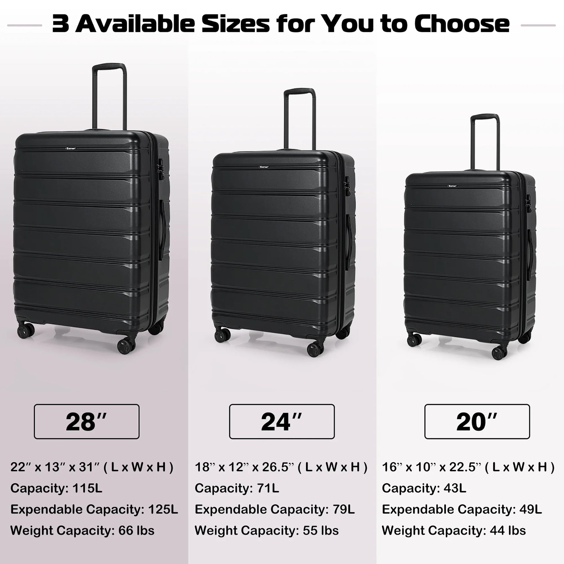 Costway 3 Piece Hardshell Luggage Set Ex pandable Suitcase w/TSA Lock & Spinner Wheels