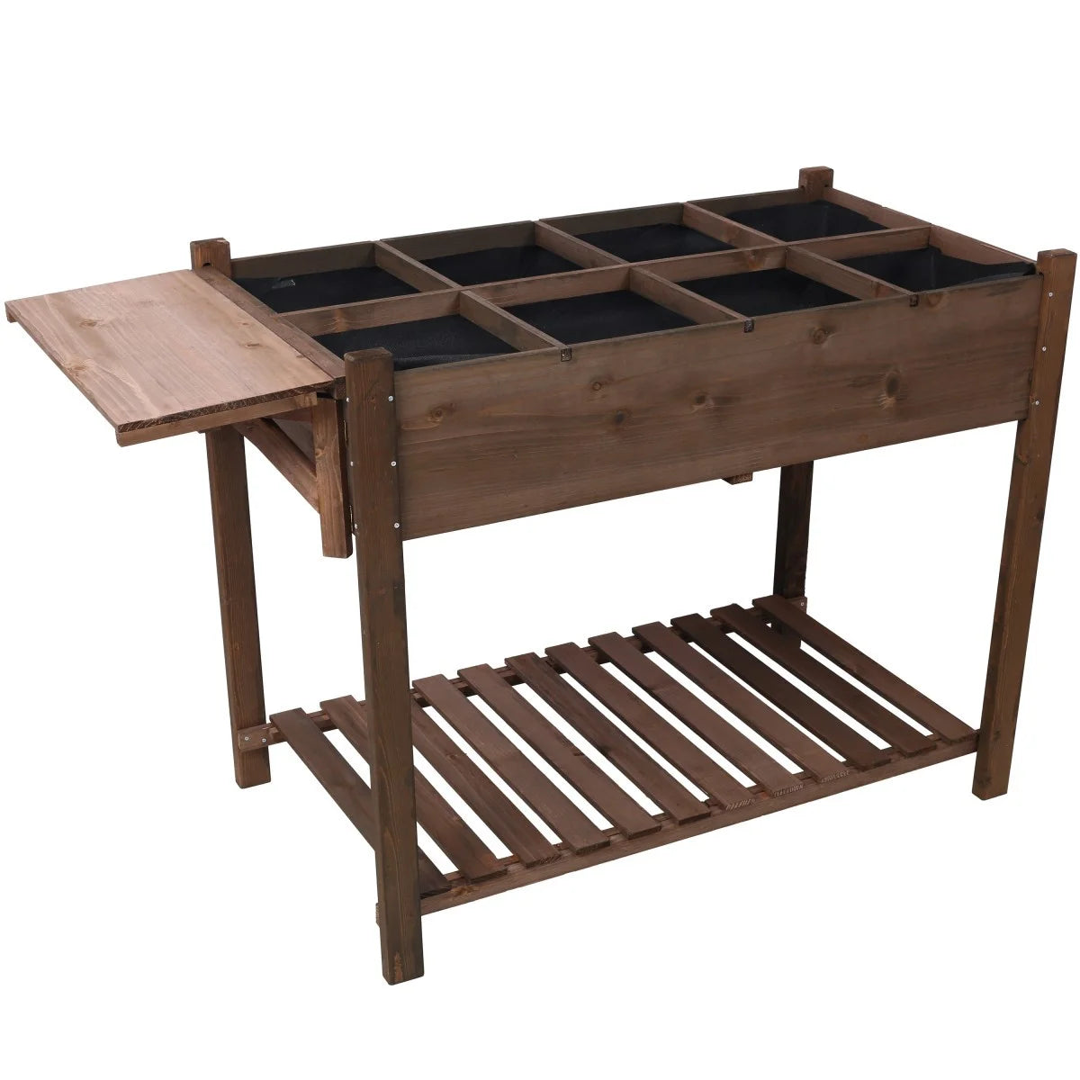 IVV Elevated Wooden Raised Garden Bed - 8 Grid Planter Box with Folding Side Table and Storage Shelf, Fabric Liner & Drainage Holes for Vegetables, Herbs, and Flowers - Dark Brown