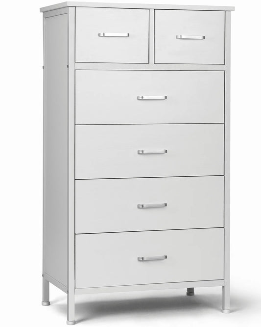 Chest of 6 Drawers, Drawer Dresser storage organizer for Bedroom, Living Room, Hallway, Nursery, Storage Cabinet Wooden Dresser with Steel Frame,White