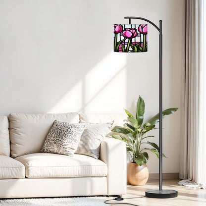 Arc Floor Lamp, 3 Color Temperatures Modern Floor Lamps Flowes Flower Floral Oil Adjustable Tall Standing Reading Lamp with Linen Texture Shade for Living Room, Bedroom, Office