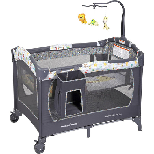 Baby Trend Nursery Center Playard with Toy Mobile. Tanzania Grey