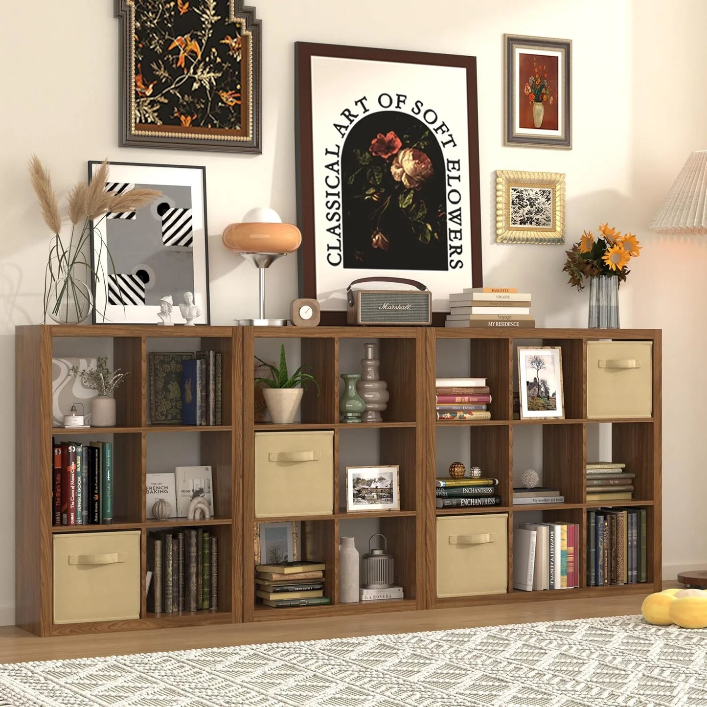 GHooa Bookshelf with Storage Bin, 4-Cube Storage Organizer, Modern Wood Open Bookcase, Multifunctional Display Shelf for Living Room, Bedroom, Home Office-4 Cube-Classic Oak