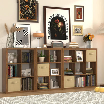 GHooa Bookshelf with Storage Bin, 4-Cube Storage Organizer, Modern Wood Open Bookcase, Multifunctional Display Shelf for Living Room, Bedroom, Home Office-4 Cube-Classic Oak