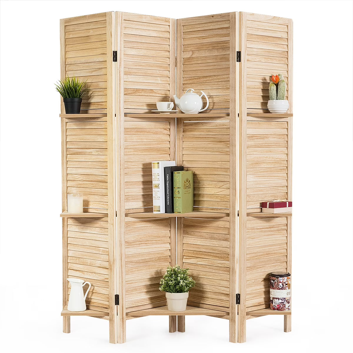 Costway 4 Panel Folding Room Divider Screen W/3 Display Shelves 5.6 Ft Tall
