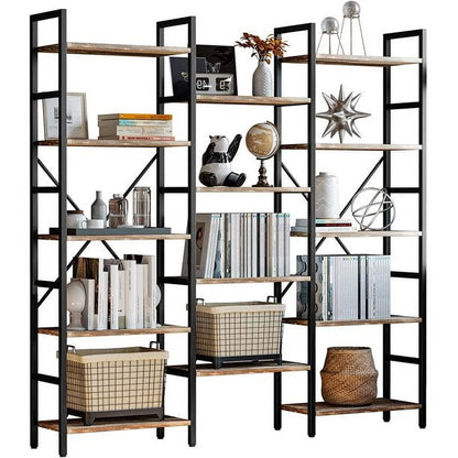 IRONCK Triple Wide 5 Tiers Industrial Bookcases and Bookshelves, Large Open Display Shelves with Metal Frame for Living Room Bedroom Home Office, Vintage Brown
