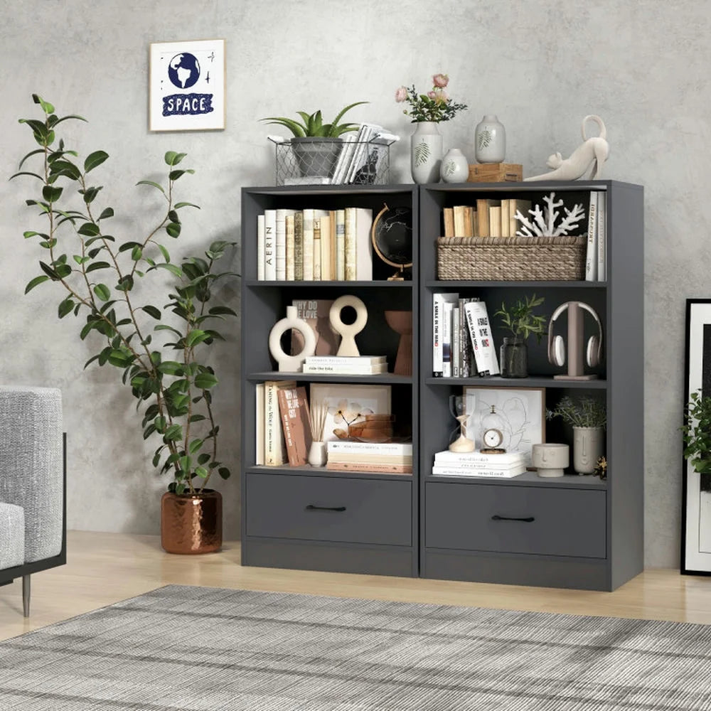 Spaco 48 Inch Tall 4 Tiers Wood Bookcase with Drawer-Gray, Tall Bookshelf, Shelves for Living Room, Home Office, Bedroom, Balcony