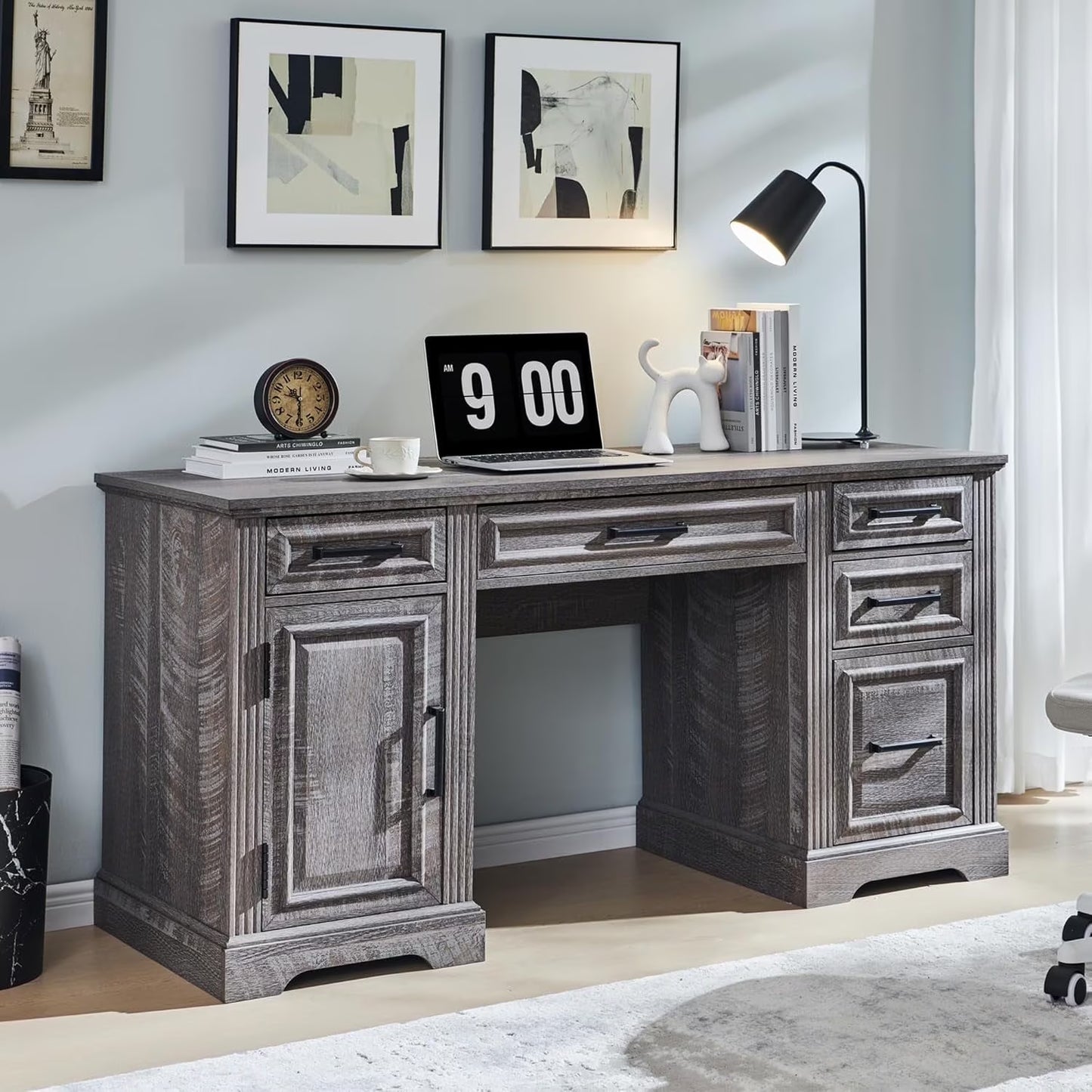 T4TREAM Farmhouse Wood 58" Executive Desk, Home Office 30" High Computer Desk with Drawers and Storage Cabinet, White