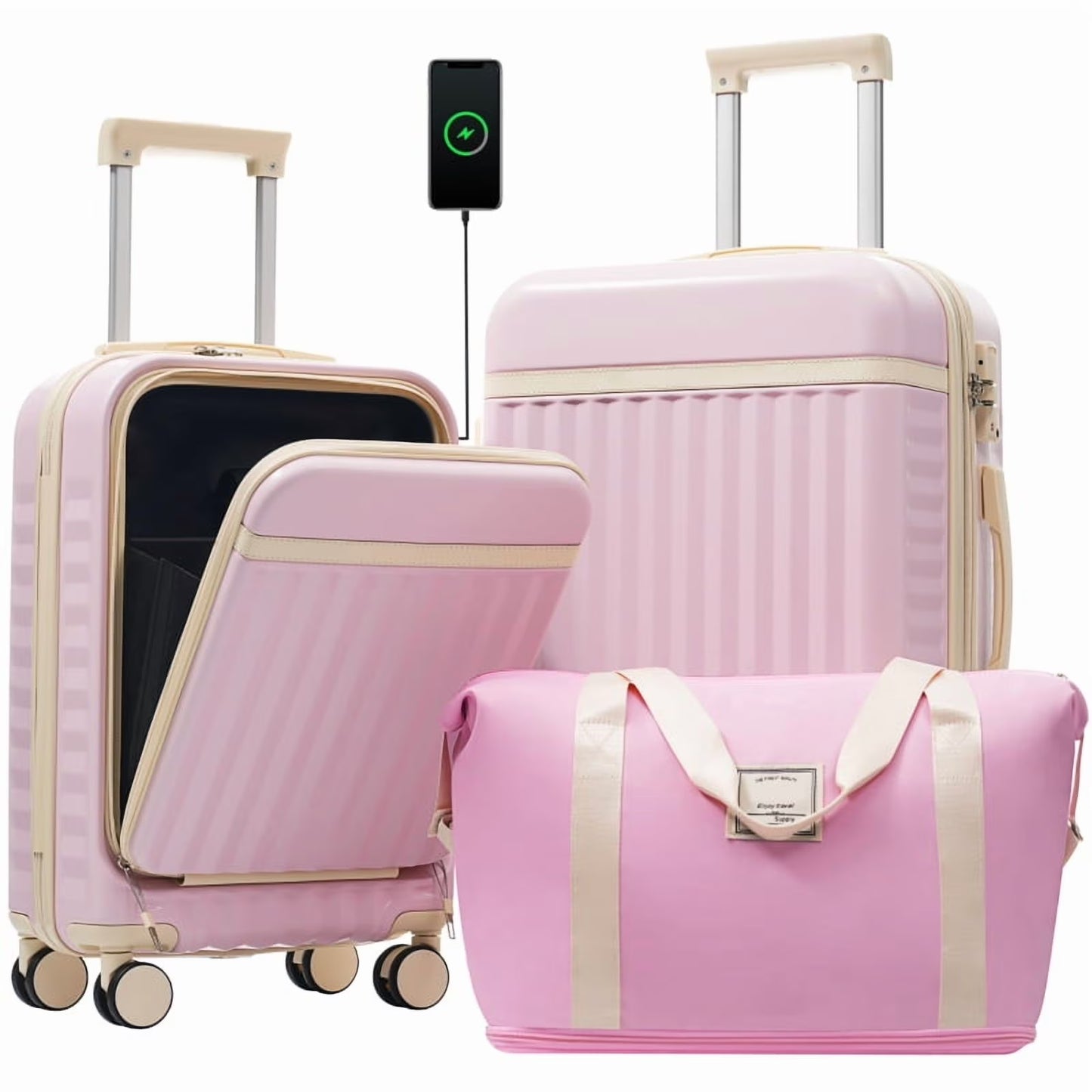 Front Opening Luggage Set 3 Piece, Hardside Carry on Suitcase with USB Port, Expandable Luggage with Handle Bag Spinner Wheels TSA Lock