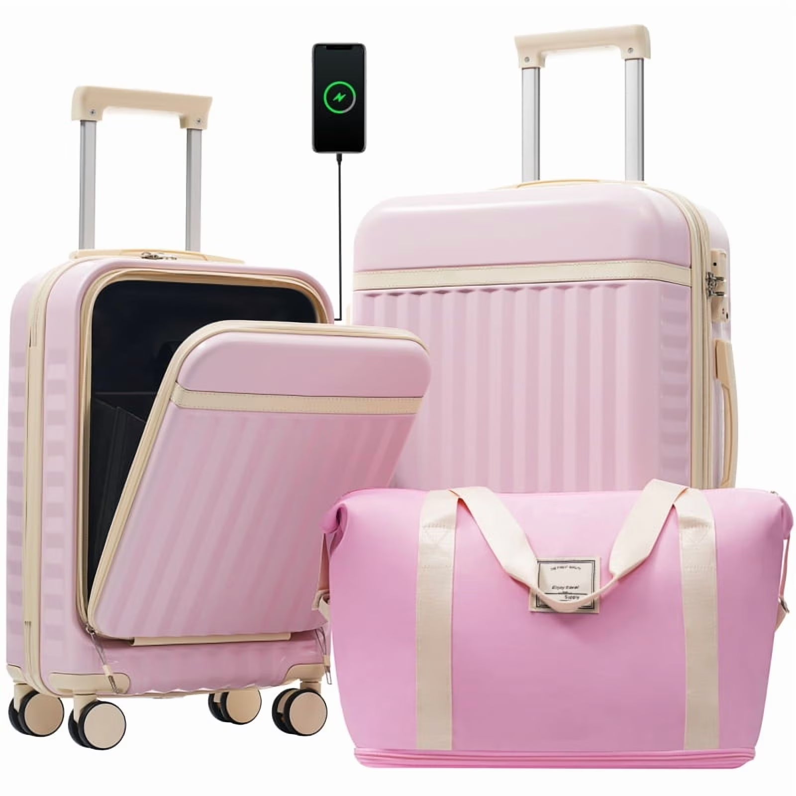 Front Opening Luggage Set 3 Piece, Hardside Carry on Suitcase with USB Port, Expandable Luggage with Handle Bag Spinner Wheels TSA Lock