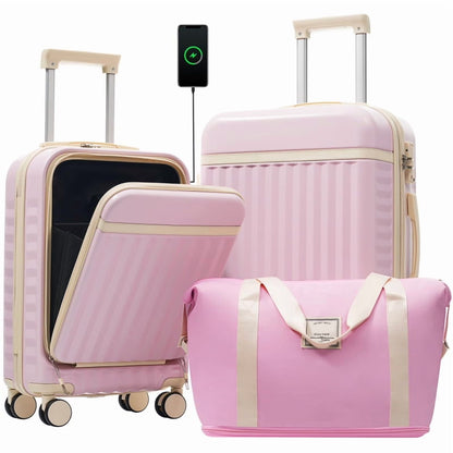 Front Opening Luggage Set 3 Piece, Hardside Carry on Suitcase with USB Port, Expandable Luggage with Handle Bag Spinner Wheels TSA Lock