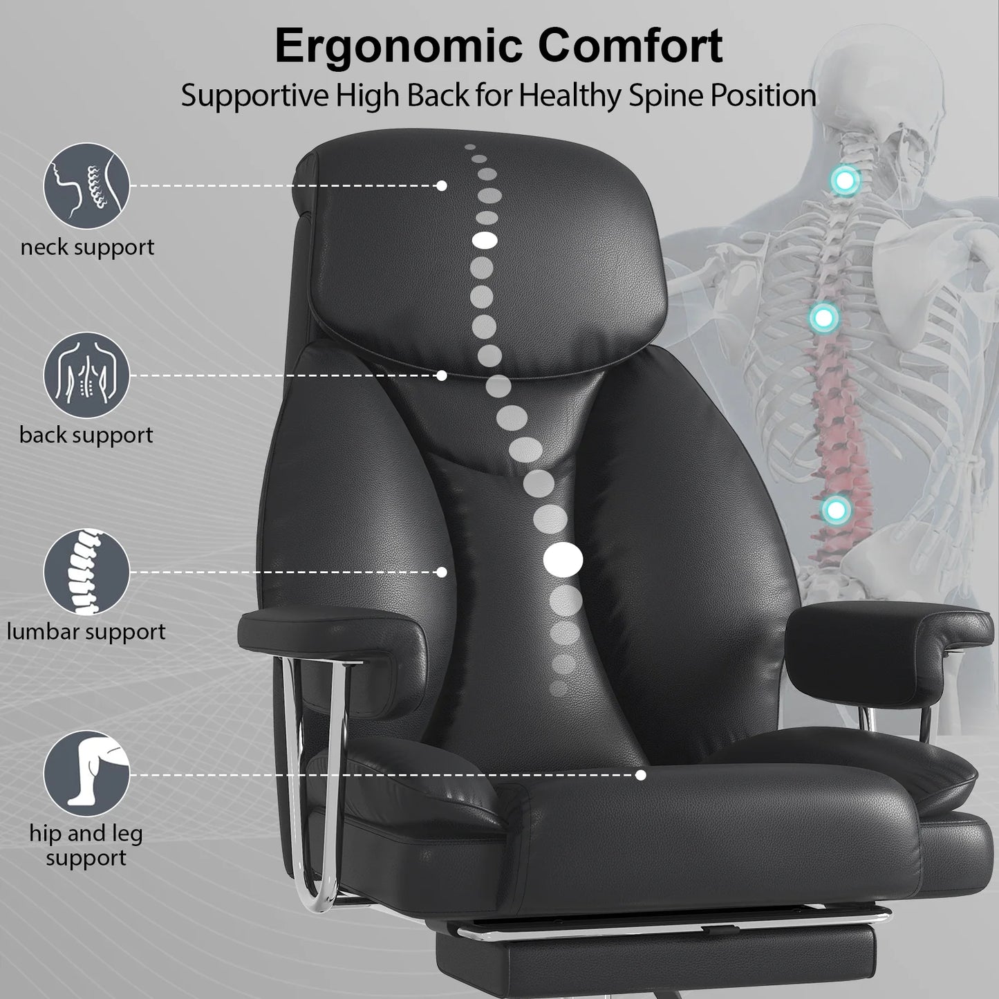 E-Motie Leather Home Office Chair, High Back Ergonomic Chair with Footrest, 500lb, Black