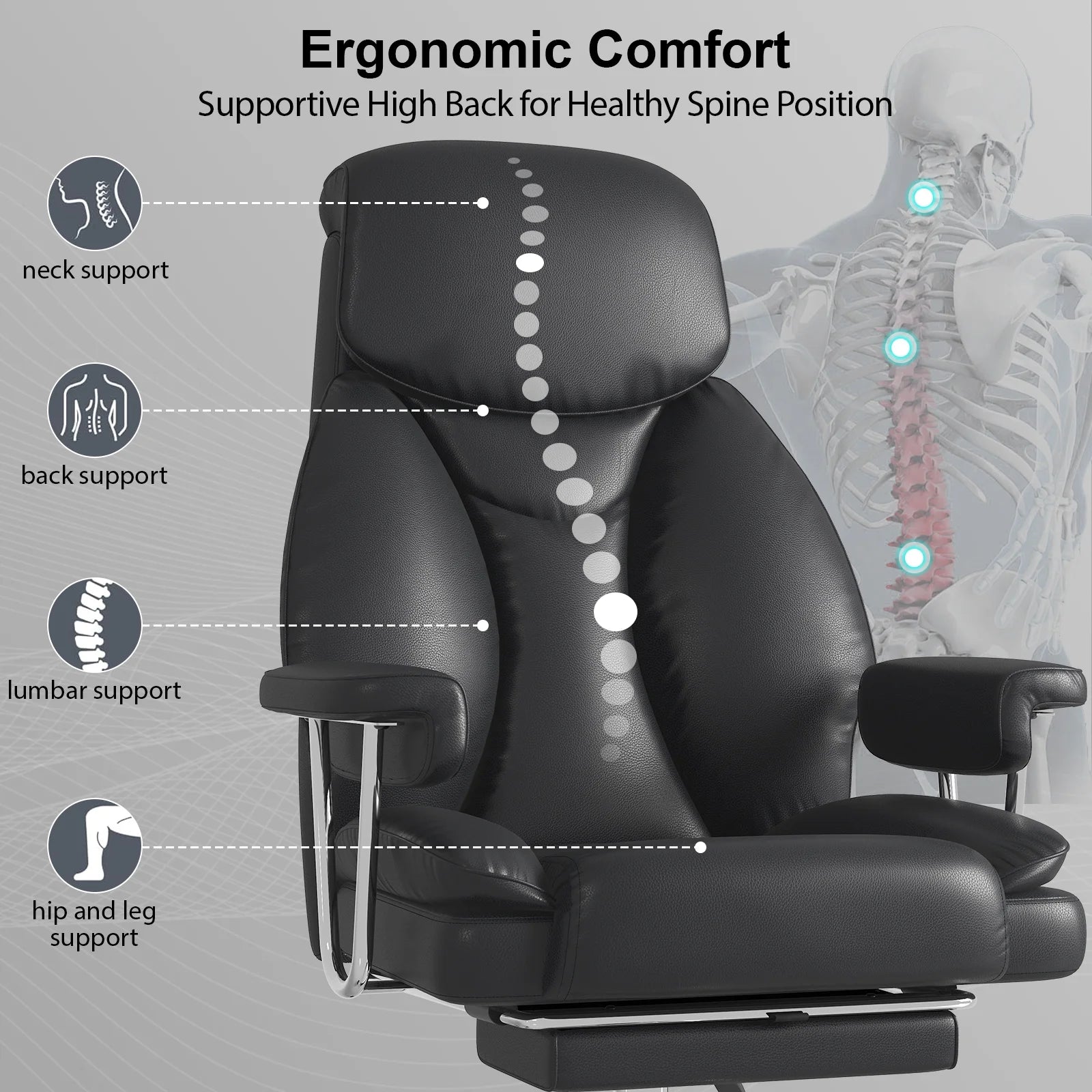 E-Motie Leather Home Office Chair, High Back Ergonomic Chair with Footrest, 500lb, Black