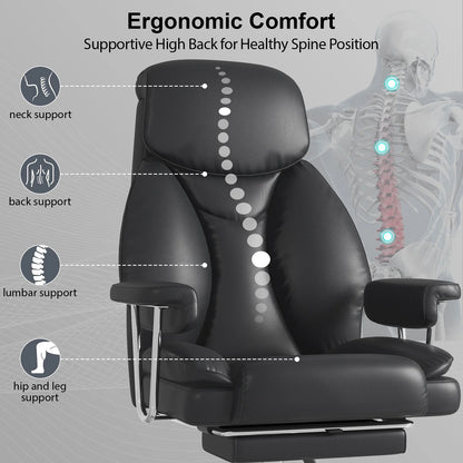 E-Motie Leather Home Office Chair, High Back Ergonomic Chair with Footrest, 500lb, Black