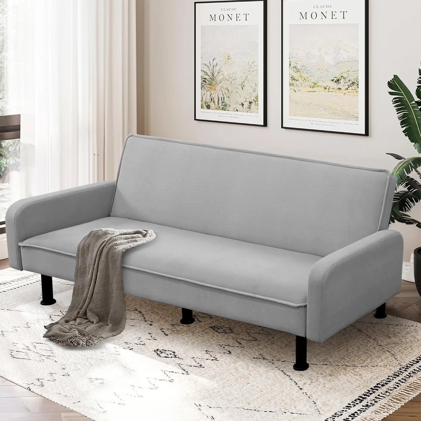 Aukfa 78" Square Arm Futon Sofa Bed Upholstered 3 Seat Couch for Home Office, Flannel, Light Gray
