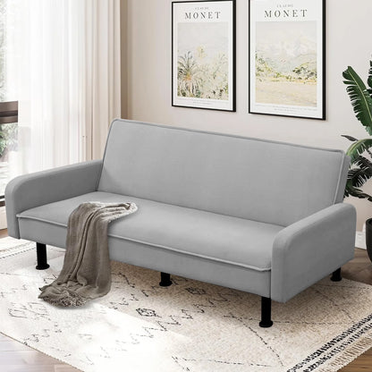 Aukfa 78" Square Arm Futon Sofa Bed Upholstered 3 Seat Couch for Home Office, Flannel, Light Gray