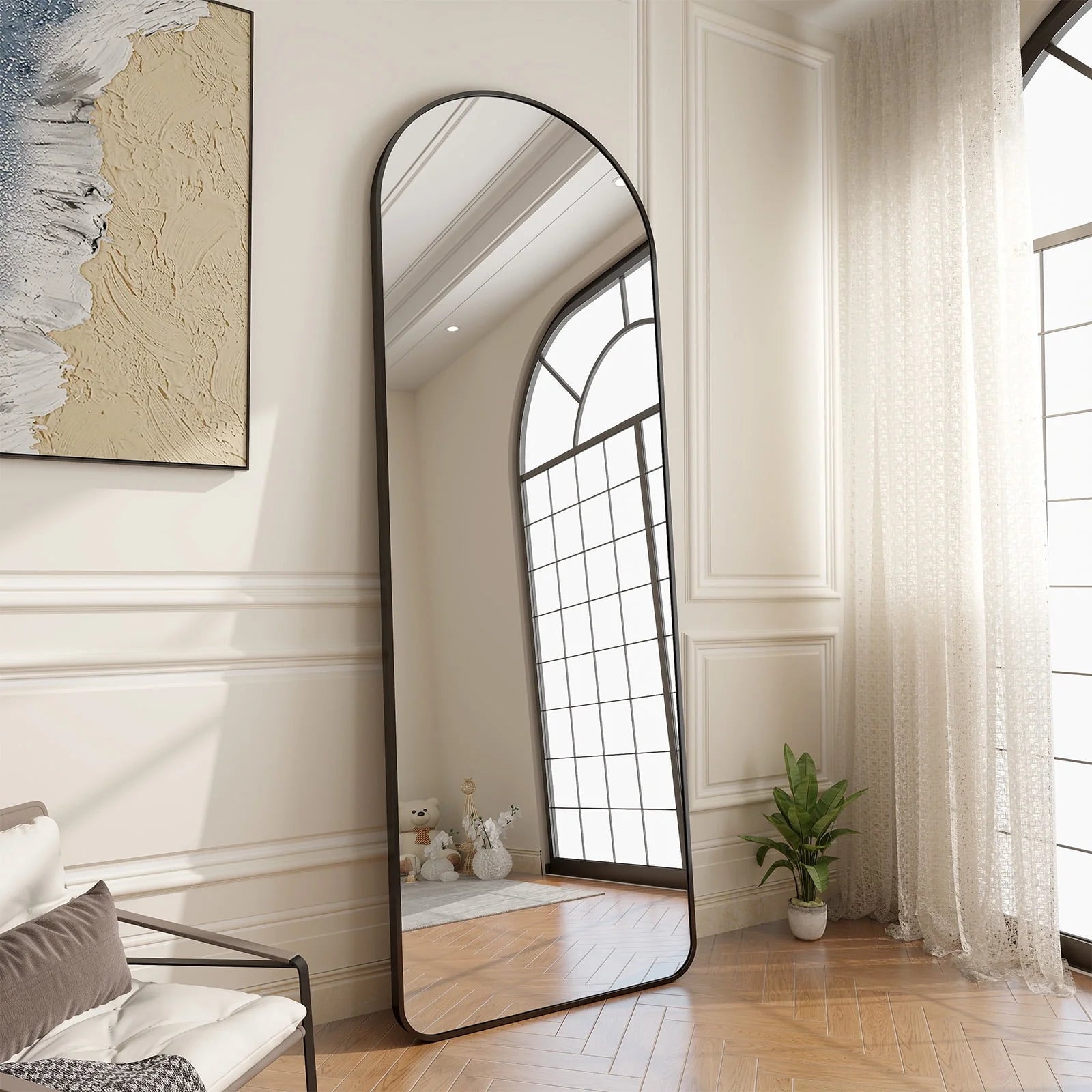 Full Length Mirror Standing Hanging or Leaning Against Wall 65" x 22" Rounded Arch Floor Mirror Full Body Mirror for Bedroom, Living Room , Black