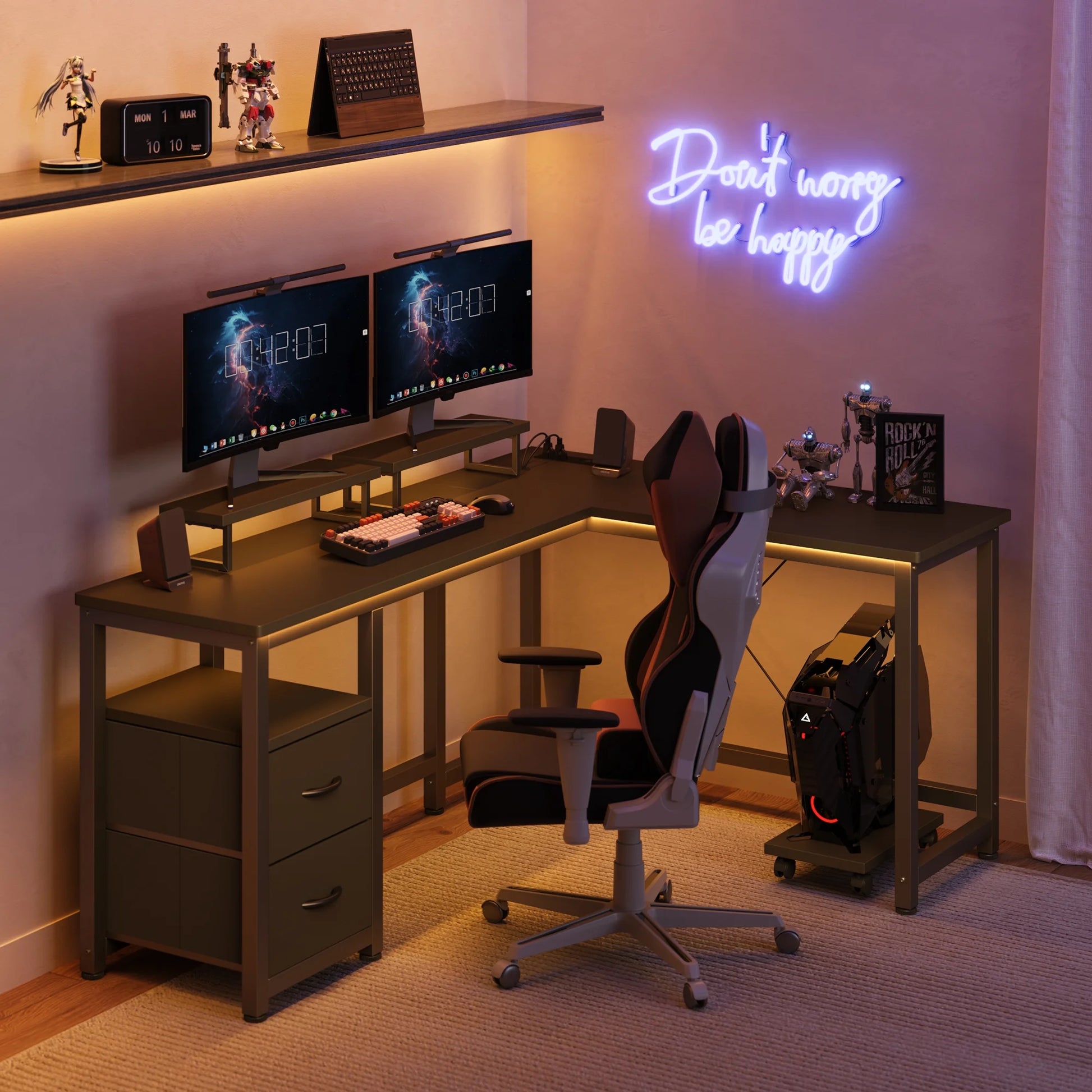 66" L Shaped Computer Desk with Power Outlets, Gaming Desk with Shelf and Drawers for Home Office, Black