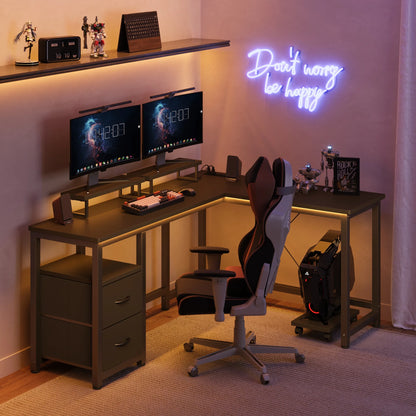 66" L Shaped Computer Desk with Power Outlets, Gaming Desk with Shelf and Drawers for Home Office, Black
