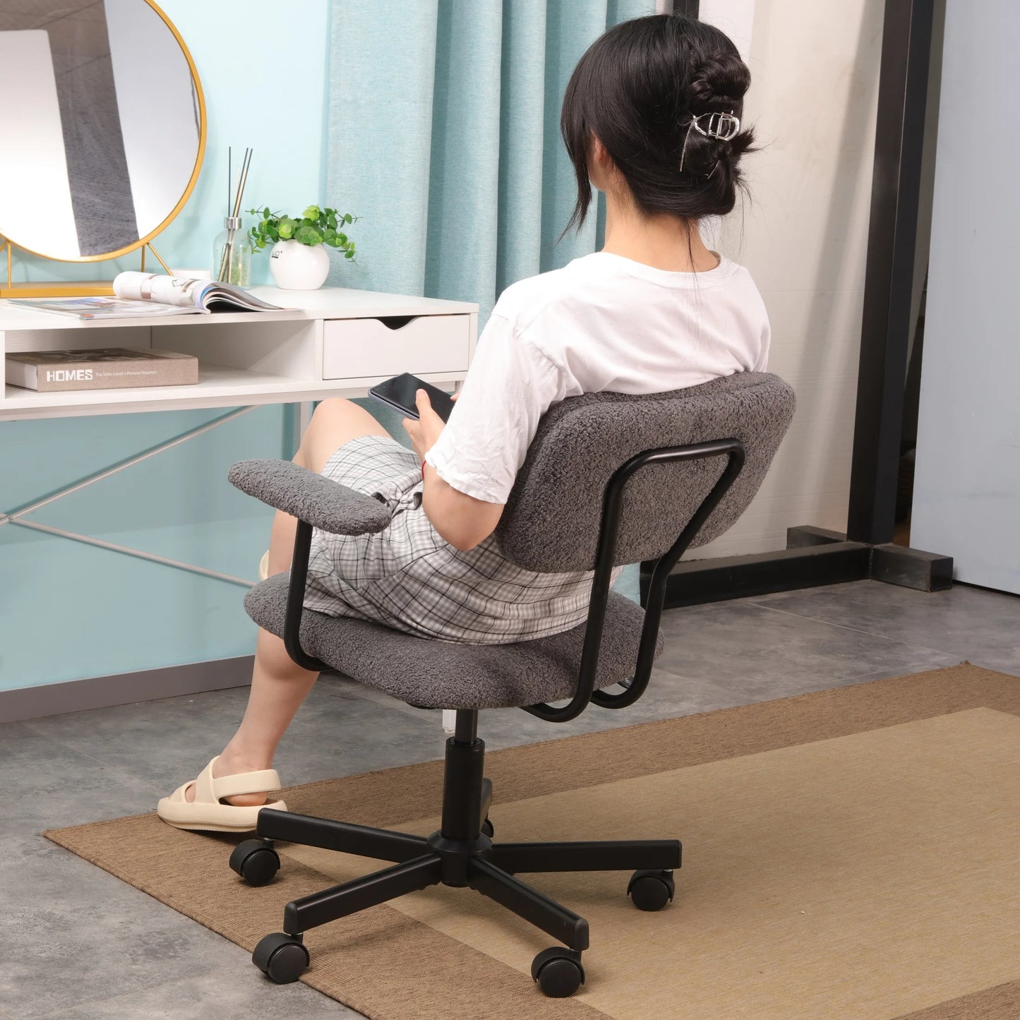 JJS Low Back Velvet Fabric Home Office Computer Chair with Armrest in Gray