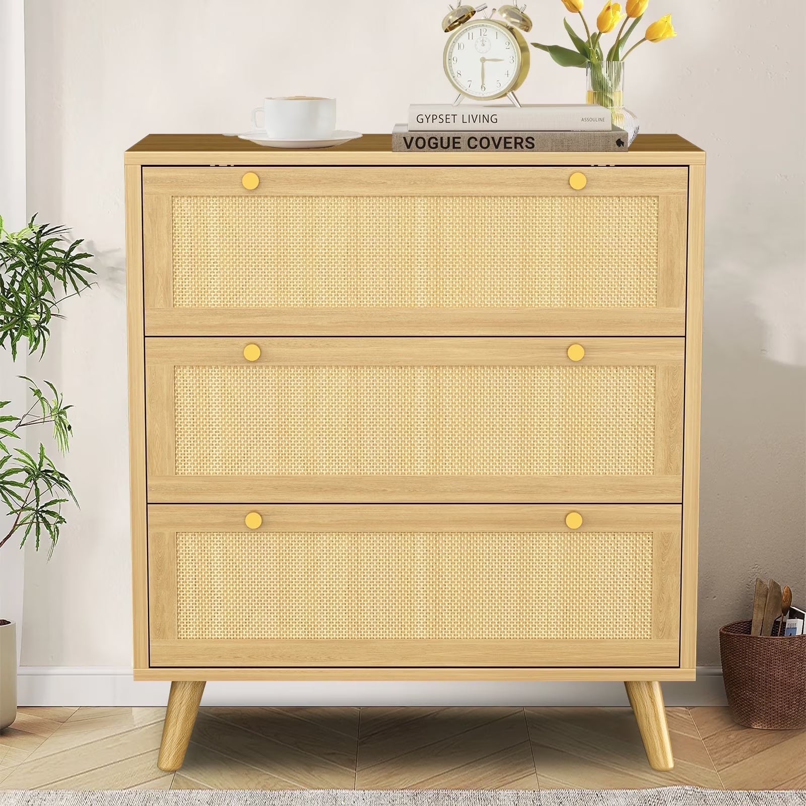 Capri 3 Drawer Dresser, Rattan Storage Wide Chest of Drawers, Night Stand Storage Cabinet for Women, Kids, Baby, Nursery, Girls, Bedroom Living Room Furniture, Natural