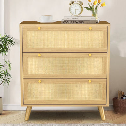 Capri 3 Drawer Dresser, Rattan Storage Wide Chest of Drawers, Night Stand Storage Cabinet for Women, Kids, Baby, Nursery, Girls, Bedroom Living Room Furniture, Natural