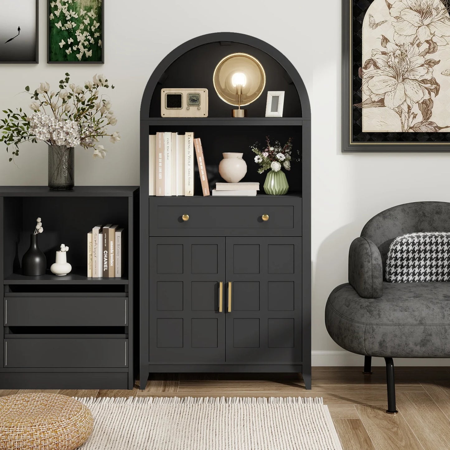 PULUOMIS 65" Tall Arched Cabinet, Farmhouse Arched Bookcase Bookshelf with Storage Drawer and Ajustable Shelves, for Living Room, Kitchen, Home Office, Black
