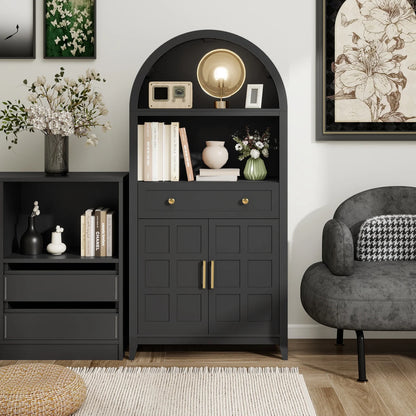 PULUOMIS 65" Tall Arched Cabinet, Farmhouse Arched Bookcase Bookshelf with Storage Drawer and Ajustable Shelves, for Living Room, Kitchen, Home Office, Black