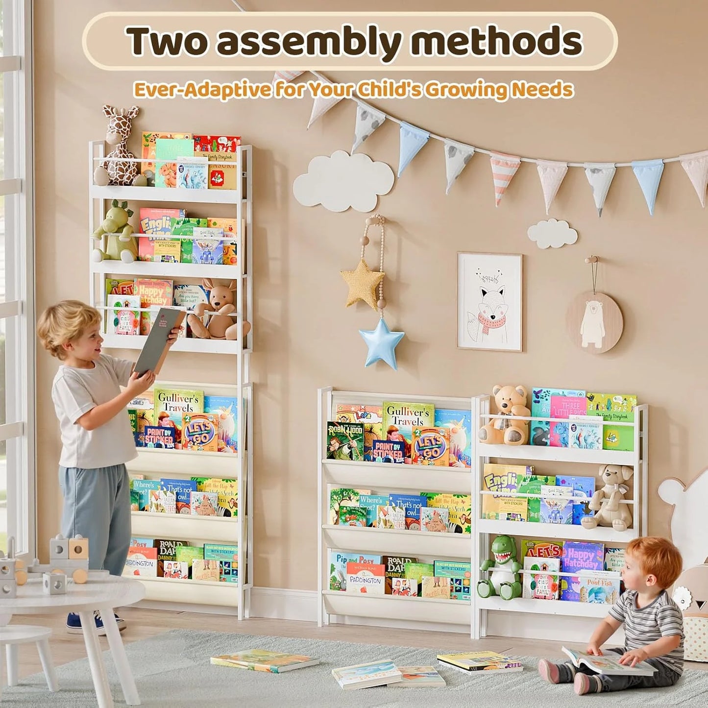 Kids Bookshelf - Wall Mounted 6-Tier Book Shelf for Kids Rooms, Behind The Door Bookshelf for Kids/Baby/Toddler, Corner Wall Book Shelf for Bedroom/Nursery, Kids Organizer for Toys and Books