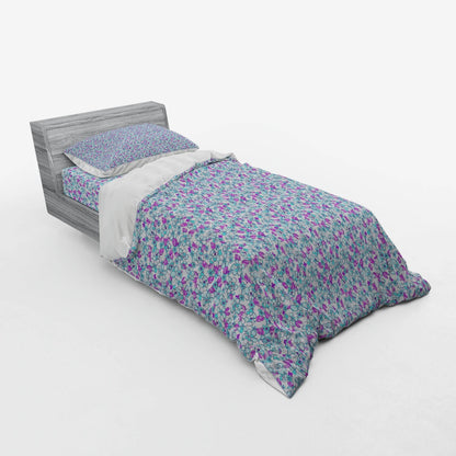 Floral Duvet Cover Set, Colorful Spring Blossom Flowers Repetitive Hand Drawn Like Pattern, Bedding Set with Shams and Fitted Sheet, 3 Sizes, by Ambesonne
