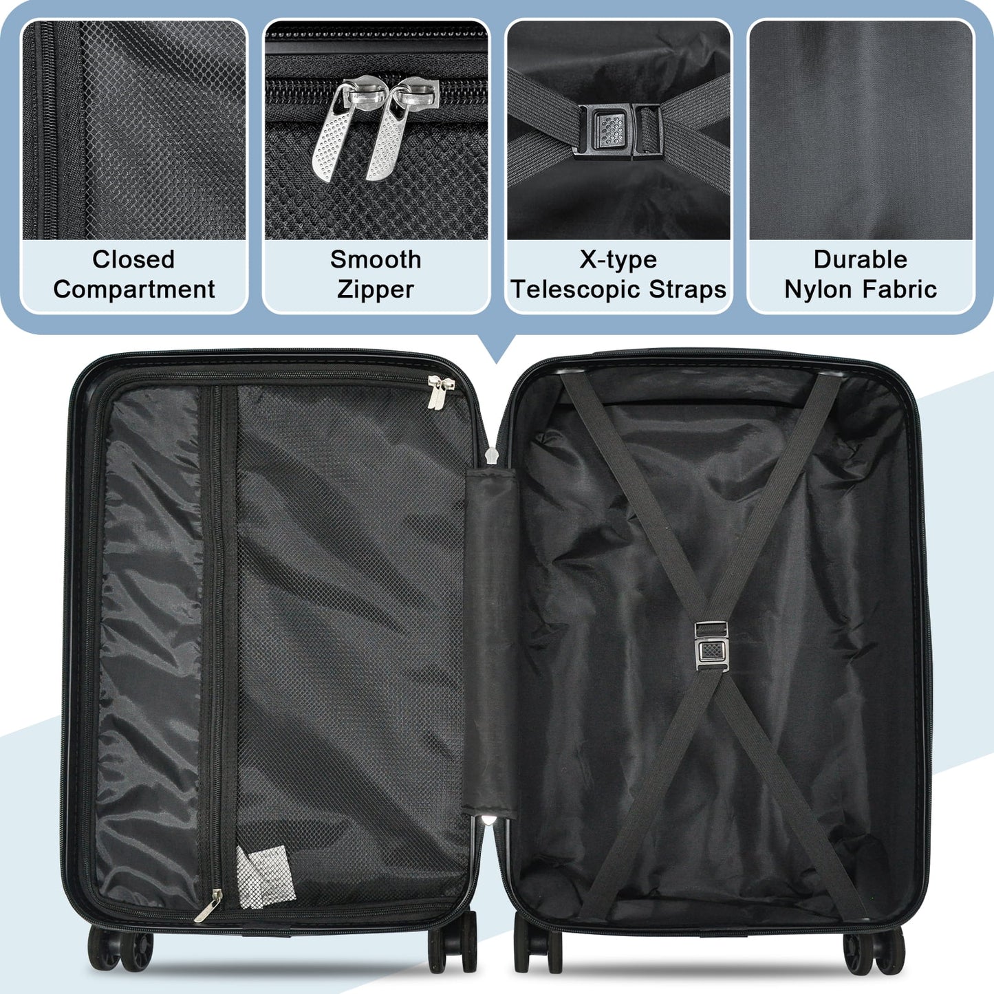 Joyway 6-Piece Hardside Luggage Set with Spinner Wheels and TSA Lock, Lightweight Carry-On Luggage Set for School, Travel, Weekend (Black)