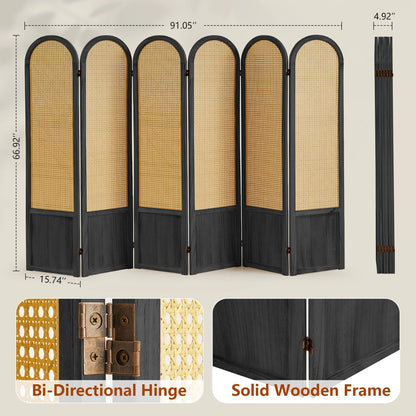 Aletheiawu 6 Panel Rattan Room Divider and Folding Privacy Screens, No Installation Required, Black