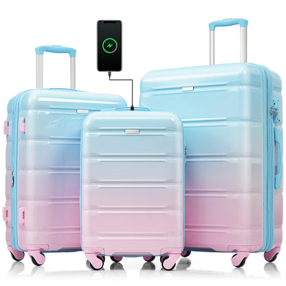 PAPROOS 3-Piece Luggage Set (20''/24''/28''), Hardshell Lightweight Suitcase with USB Port and Side Hooks, Travel Luggage with TSA-Lock, Hardside Rolling Luggage for School, Travel, Pink