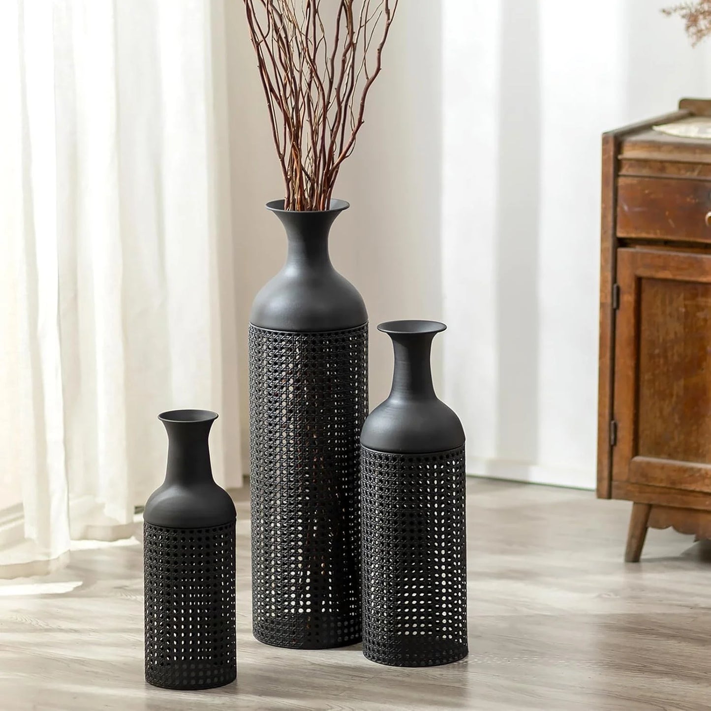 Black Large Floor Vases: Tall Vases Floor Standing for Living Room 27/20/16in - Metal Tall Floor Vase Set of 3 - Modern Oversized Floor Vase for Bedroom Kitchen Fireplace Corner