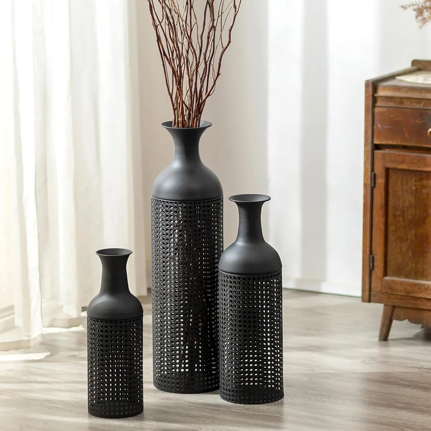 Black Large Floor Vases: Tall Vases Floor Standing for Living Room 27/20/16in - Metal Tall Floor Vase Set of 3 - Modern Oversized Floor Vase for Bedroom Kitchen Fireplace Corner